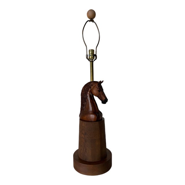 Vintage Equestrian Carved Wooden Horse Table Lamp For Sale
