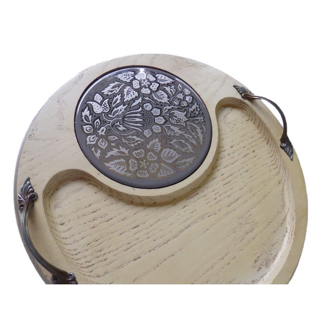Beige Vintage Georges Briard Ceruse Oak Finish W. Ceramic "Silver Damask" Tile Cheese Board 1969 For Sale - Image 8 of 10