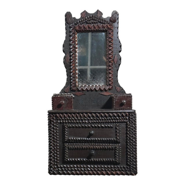 Antique Chip-Carved Tramp Art Dresser With Mirror/Folk Art For Sale