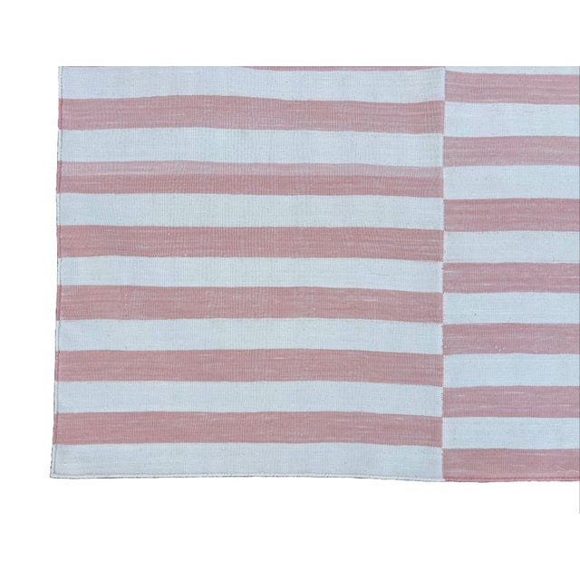 Handwoven Cotton Area Rug, Vegetable Dyed, Pink and Cream Striped Dhurrie - 6'x9' For Sale - Image 10 of 10