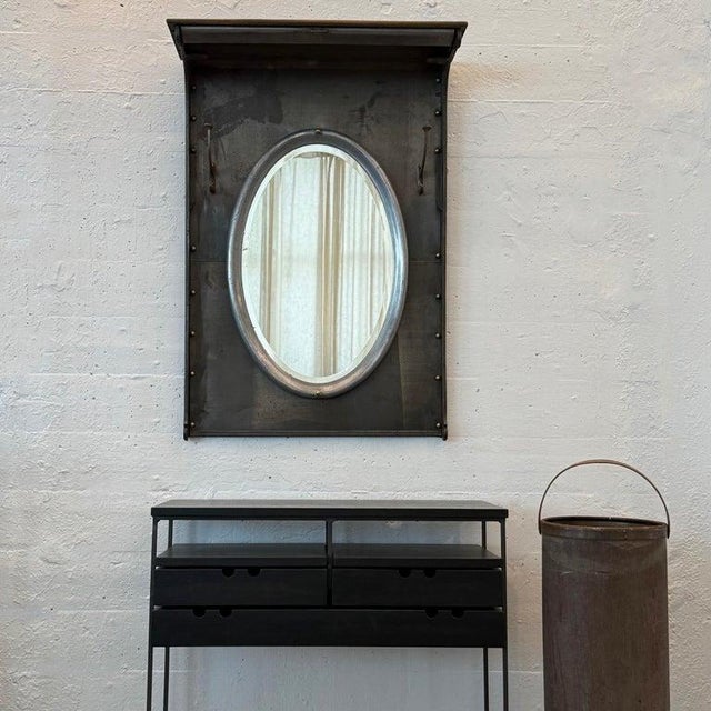 Industrial 1920s Custom Industrial Brushed Steel Entryway Hall Tree Wall Mirror For Sale - Image 3 of 12