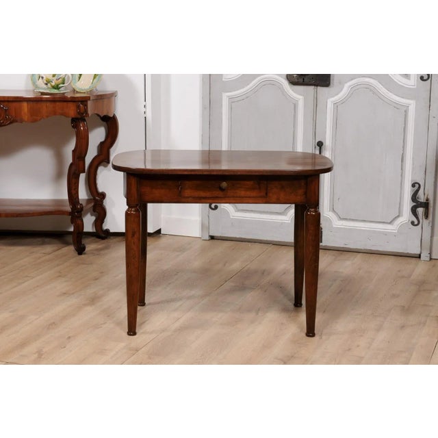 Wood Italian Walnut 1890s Side Table with Oval Top, One Drawer and Cylindrical Legs For Sale - Image 7 of 12