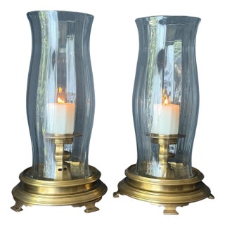 Pair of Brass and Crystal Hurricanes by Chapman For Sale