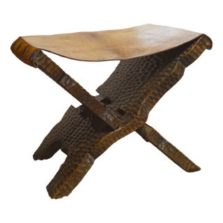 Brutalist Folding Stool in Leather, 1950s For Sale