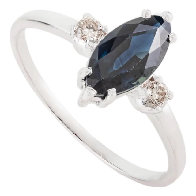 Vintage 14k Gold Deep Blue Sapphire & Diamond Navette Ring Size 8 For Sale