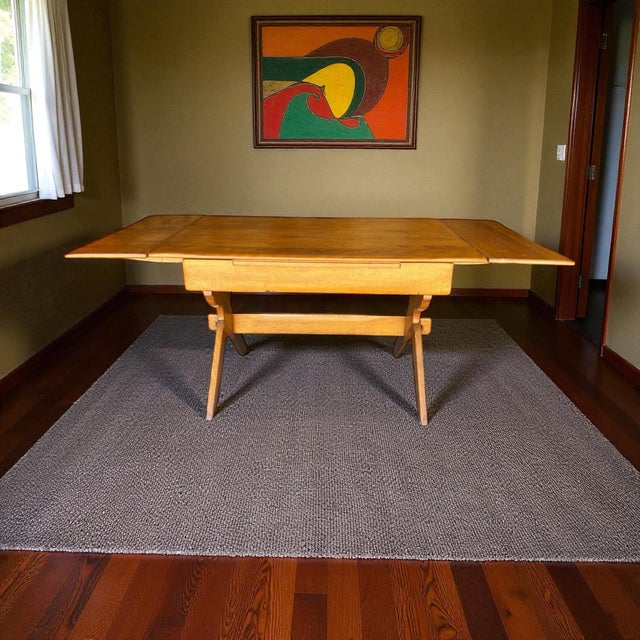 Mid 20th Century Cushman of Vermont Trestle Base/ Hard Rock Maple/Draw Leaf Table. For Sale - Image 9 of 11