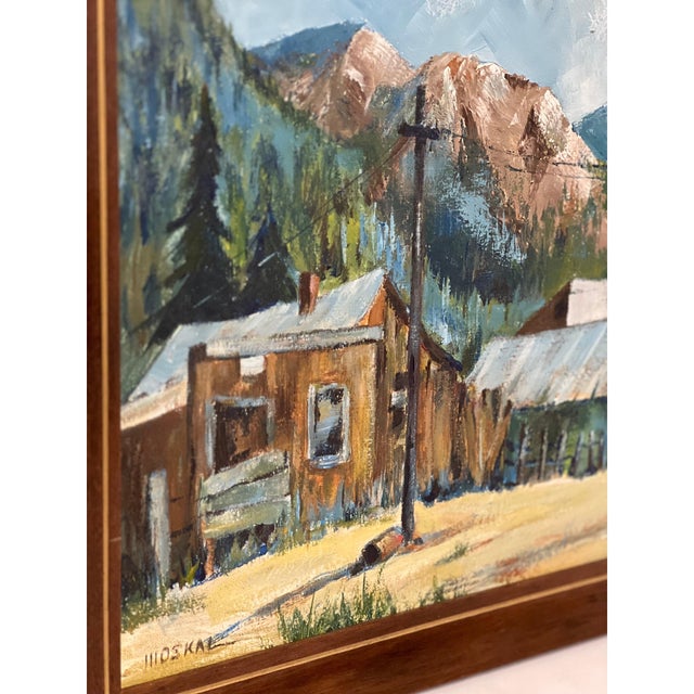Vintage Framed Mountain Town Landscape Painting, Rustic Village Scene With Alpine Peaks For Sale - Image 4 of 8