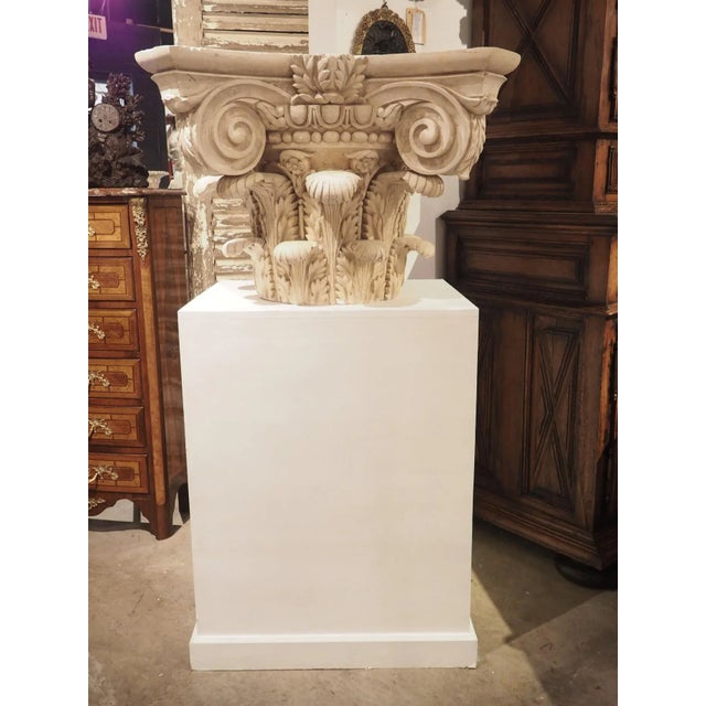 Large Plaster Composite Order Capital on Wooden Pedestal, France, Early 1900s For Sale - Image 10 of 13