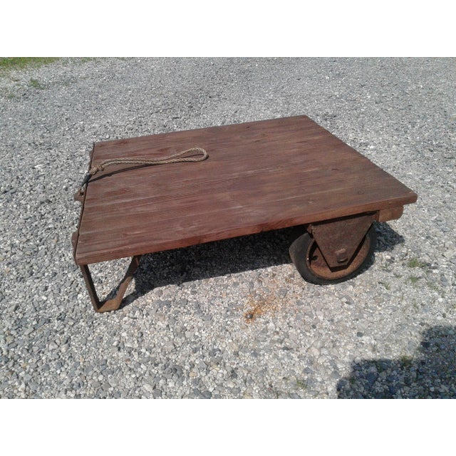 Vintage Primitive Industrial Small Garden Cart Platform Table, Rustic Wood & Iron Coffee Table For Sale - Image 4 of 10