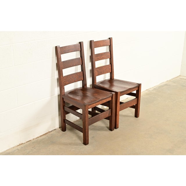 Mission Stickley Brothers Antique Mission Oak Arts & Crafts Ladder Back Side Chairs or Dining Chairs, Newly Refinished For Sale - Image 3 of 12