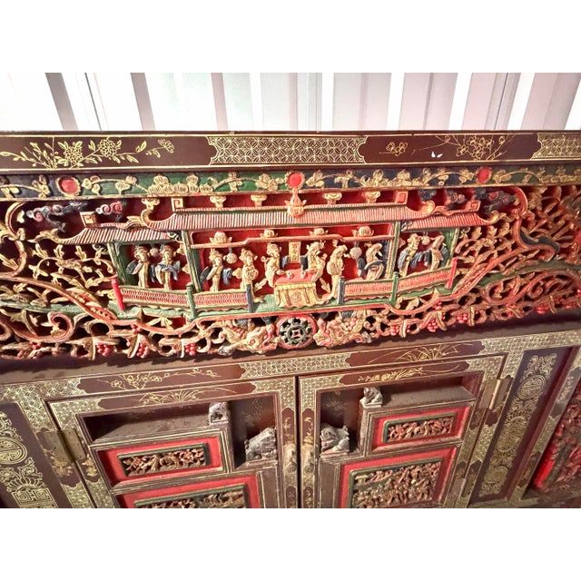 Wood 1920s Heavily Carved and Lacquer Decorated Vintage Asian Credenza Cabinet For Sale - Image 7 of 8