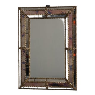 Small Spanish Brass and Mosaic Mirror with Stained Pink Glass, 1980s For Sale