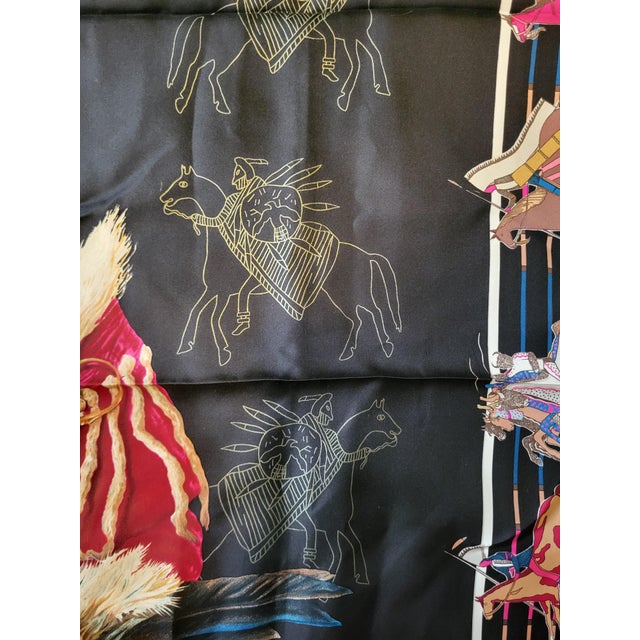 1980s Hermes France Carre 90 Kermit Oliver Native Pani La Shar Pawnee Black Silk Scarf For Sale - Image 5 of 11