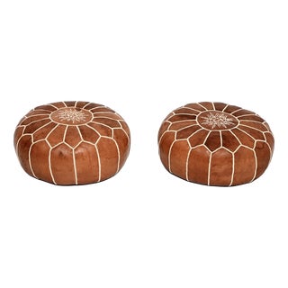 Vintage Moroccan Leather Ottoman Stools, 1970, Set of 2 For Sale