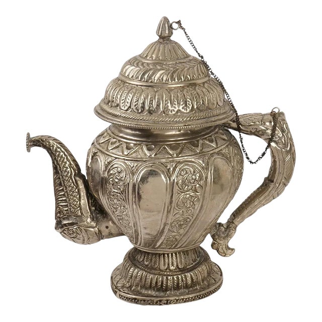 Tibetan Asian Indian Repousse Chased Silver Alloy Ewer For Sale