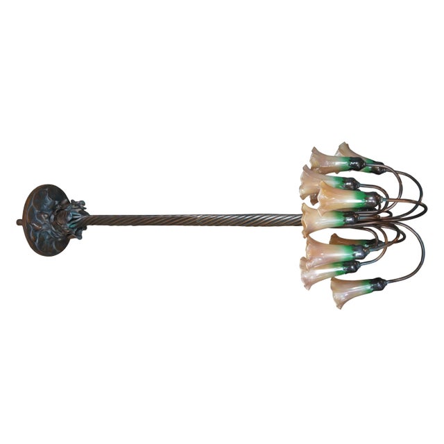 Art Nouveau Mid 20th Century Tiffany Style Bronze Art Nouveau 12 Arm Lily Pad Tulip Floor Lamp For Sale - Image 3 of 12