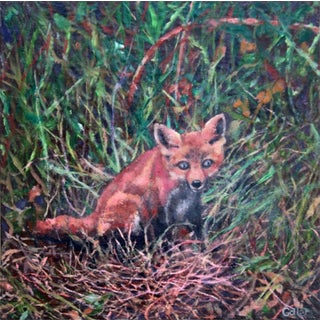 Bingo by Carrie Goller | Oil on Wood Panel Painting of a fox in grass For Sale