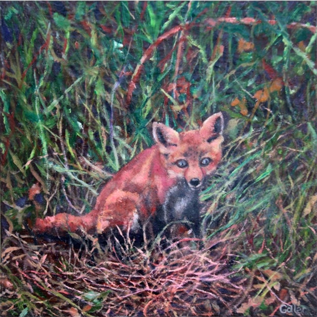 Bingo by Carrie Goller | Oil on Wood Panel Painting of a fox in grass For Sale