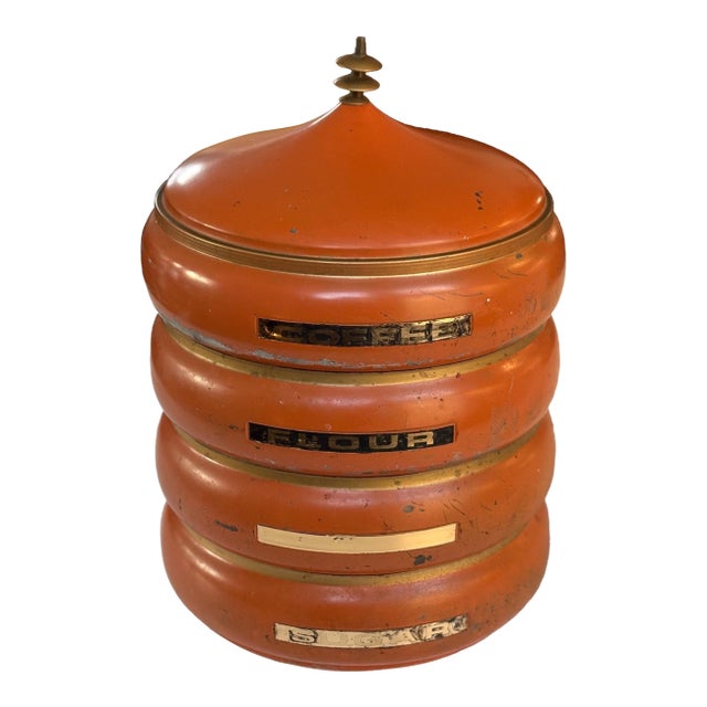 1960s Atomic Pagoda Orange Metal Canister Set For Sale