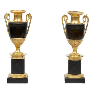 Antique Charles X Cassolettes or Vases in Gilded and Patinated Bronze, France, Early 19th Century, Set of 2 For Sale