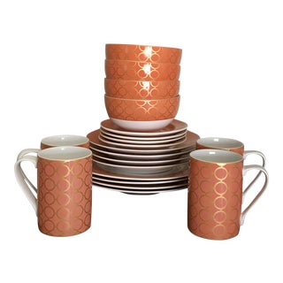 Gilt Coral Chain Design Mid Century Modern Full China Set With - Service for 4, Total 24 Pieces For Sale