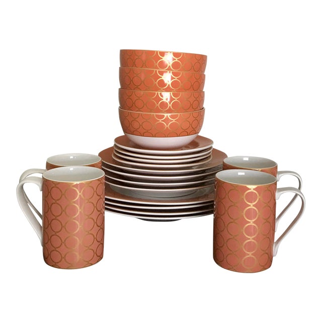 Gilt Coral Chain Design Mid Century Modern Full China Set With - Service for 4, Total 24 Pieces For Sale