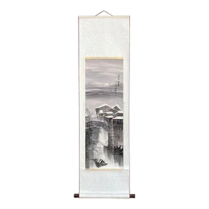 Chinese Color Ink Waterside Village Scroll Painting Wall Art