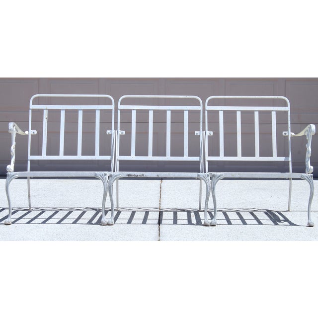 Vintage 1950s Cast Aluminum Patio Set | 5-Piece Outdoor Seating | Rocker Chairs + Bench + Glass Top Table | Hollywood Regency Garden Furniture For Sale In Naples, FL - Image 6 of 18