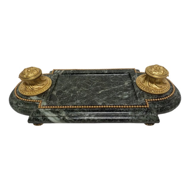 Late 19th Century Inkwell in Gilded Bronze & Green Marble For Sale