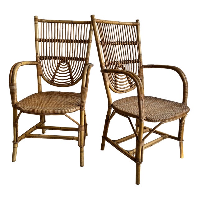 Set of Bamboo Dining Chairs attributed to Adrien Audoux & Frida Minet, 1950s For Sale