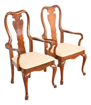 Henkel Harris Style Queen Anne Solid Mahogany Armchairs or Dining Captain Chairs, Pair