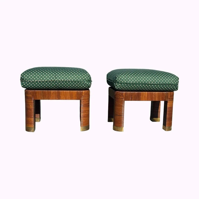 Hollywood Regency Bielecky Brothers Vintage Upholstered and Cane Ottomans For Sale - Image 3 of 6