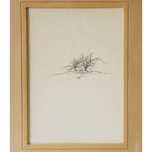 "A spare ink drawing with light watercolor washes depicting bare winter trees set against low mountains, a fence line...
