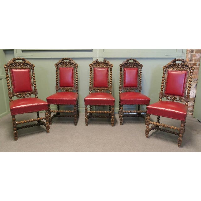 Set of 5 19th Century Black-forest Carved Oak Dining Chairs These are beautifully carved High Back Dining Chairs, they are...