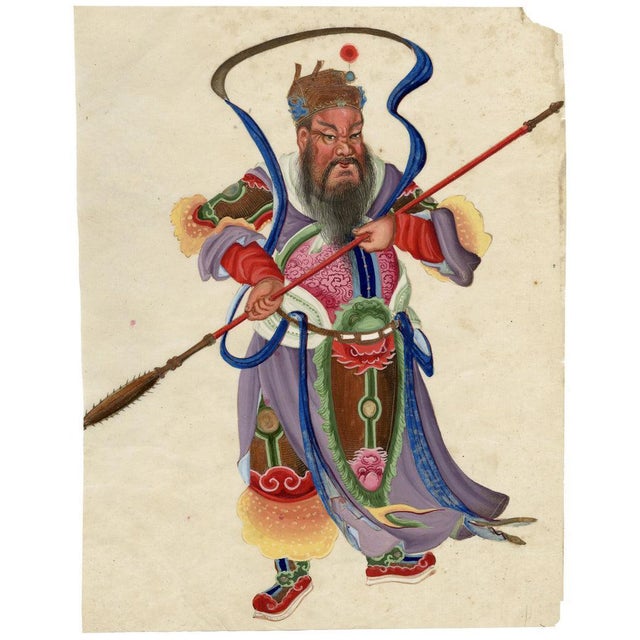 Canton School Artist, Taoist Warrior Deity Guan Yu, 18th Century, Gouache Painting For Sale - Image 4 of 7