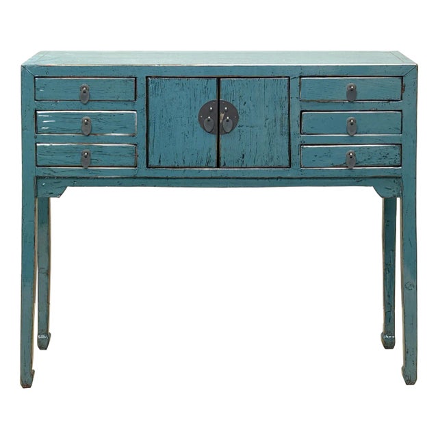 Distressed Blue Lacquer 6 Drawers Narrow Slim Console Foyer Side Table For Sale
