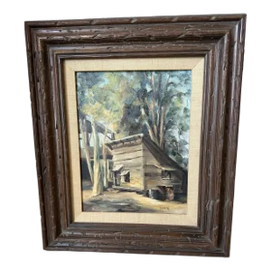 Vintage 1960’s Plein Air Framed Signed Oil Painting of a Mid-Century Cabin in the Woods
