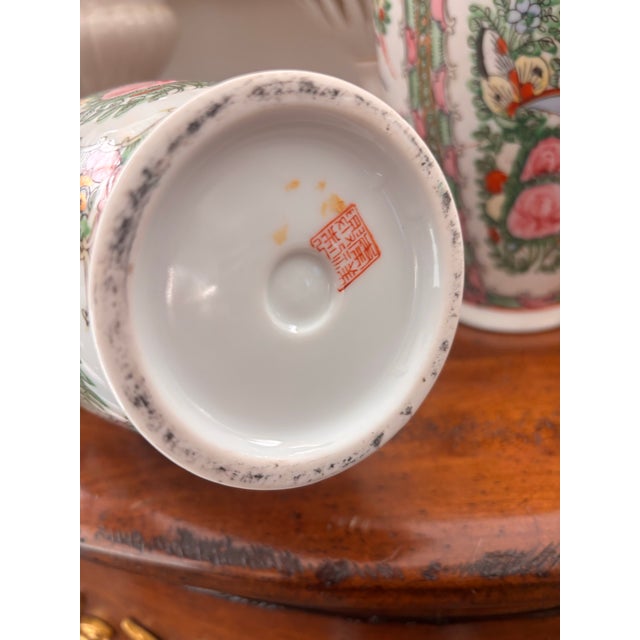 Ceramic Mid Twentieth Century Chinese Famille Rose Medallion Matched Pair of 9.75” Vases For Sale - Image 7 of 8