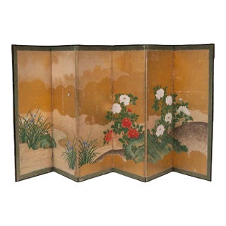 Six Panel Japanese Byobu Scenic Gold and Peony Screen For Sale