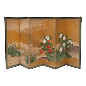 Six Panel Japanese Byobu Scenic Gold and Peony Screen