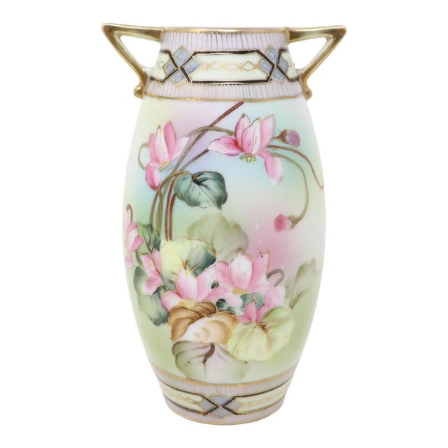 Antique Art Nouveau Porcelain Vase With Hand-Painted Floral and Gold Decoration For Sale