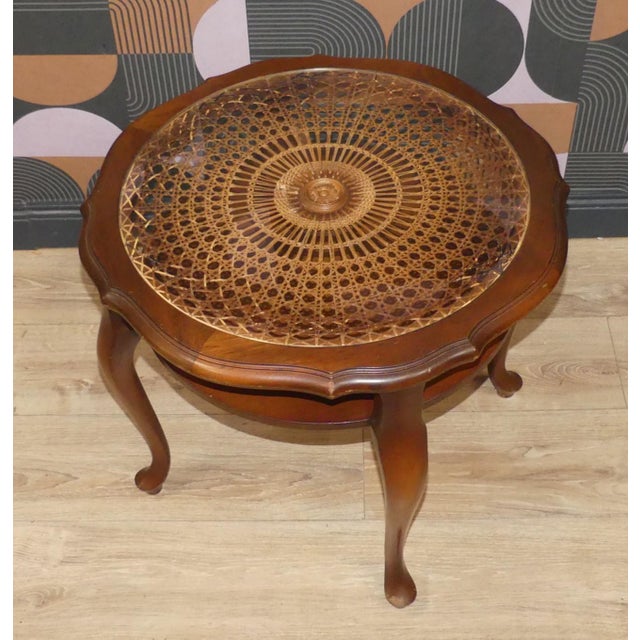 1960s Chippendale Round Side Table with Shelf Wicker and Glass by Ilse Möbel, 1960s For Sale - Image 5 of 15