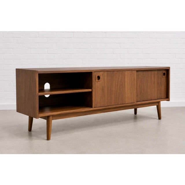 Wood Modern Walnut Credenza / Media Console | Minimalist Sliding Door Sideboard For Sale - Image 7 of 10