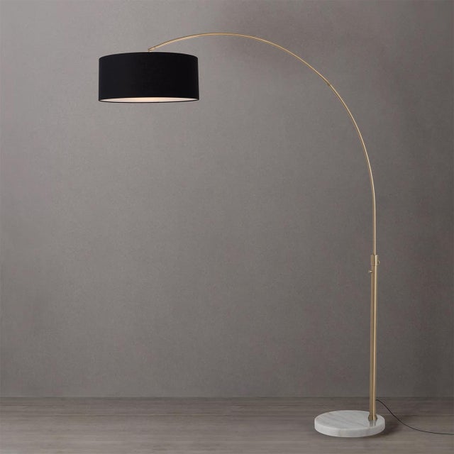 Mid-Century Modern 1960s Adjustable Morelli Floor Lamp - 92" Mid Century Modern Arc Lamp, Weathered Brass, White Marble Base, Black Linen Shade, Dimmable For Sale - Image 3 of 4