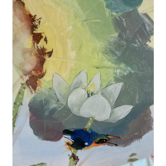 Set 3 Chinese Watercolor Paintings Kingfishers & Lotus Flowers, Framed For Sale - Image 17 of 18