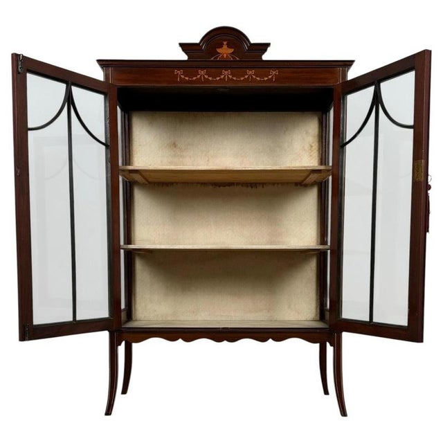 Wood Antique English Inlaid Mahogany Display Cabinet For Sale - Image 7 of 12