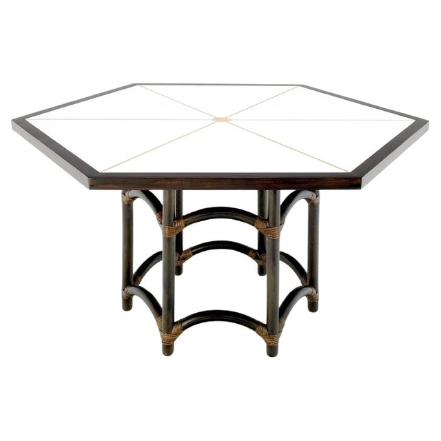 Ebonised Bamboo Brass Inlay Mahogany Top Hexagon Card Game Poker Table For Sale - Image 6 of 12