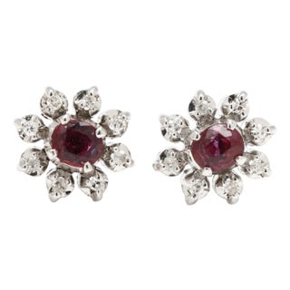 Floral .75ctw Diamond and Ruby Stud Earrings, 14k White Gold, Flower Earrings, A Pair For Sale