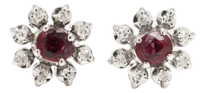 Floral .75ctw Diamond and Ruby Stud Earrings, 14k White Gold, Flower Earrings, A Pair