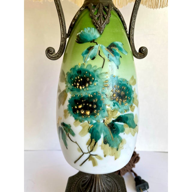 Antique Victorian Revival Hand-Painted Floral Glass Table Lamp With Dolphin Supports For Sale - Image 4 of 12